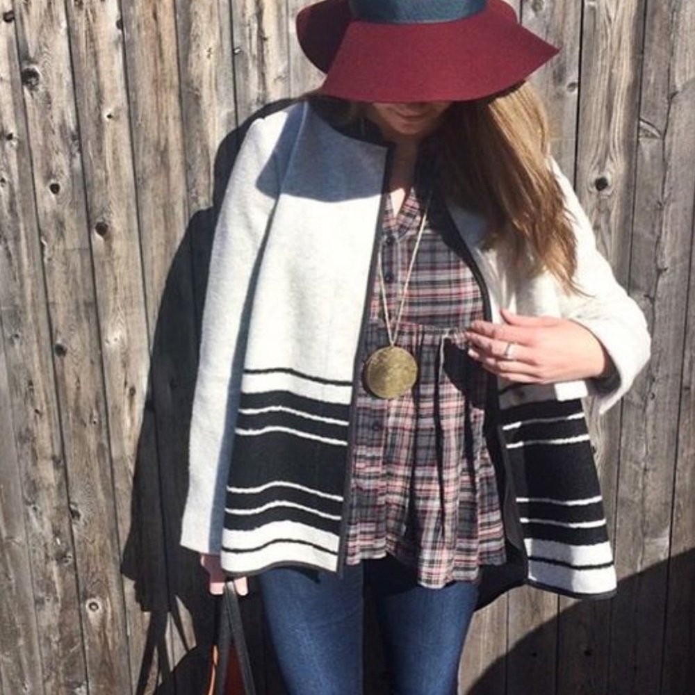 Anthropologie White and Black Striped Open-Front Coat